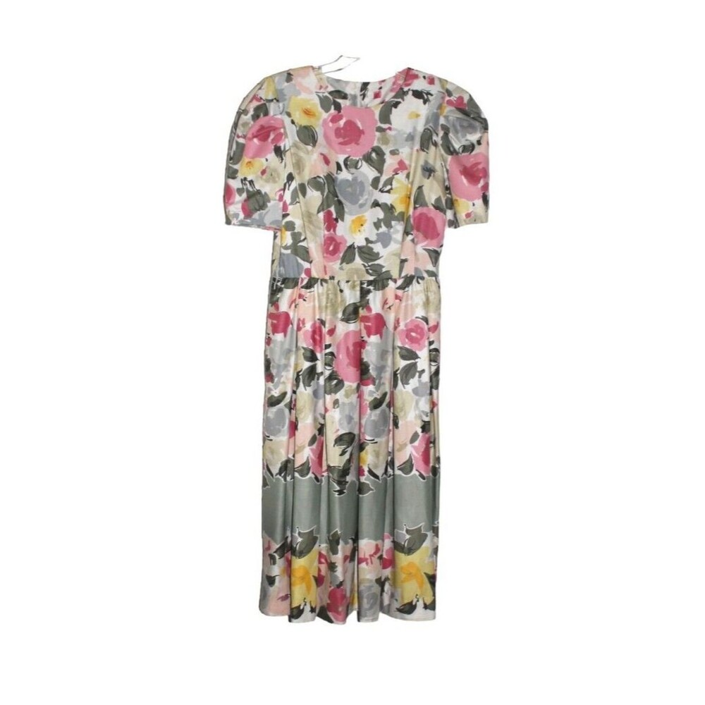Vtg Nieman Marcus Dress Floral Pleated Skirt Puff Sleeves See Measurements